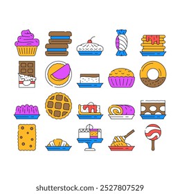 Dessert Delicious Food Collection Icons Set Vector. Donut With Chocolate Cream And Fruity Lollipop Candy, Waffles And Muffin Creamy Dessert color Contour Illustrations