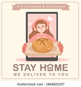 Dessert delivery,order on smartphone.Woman chef Hold Big sourdought Bread. Young baker Serving fresh Bread.Homemade bakery.
Banner For restaurant,food truck,bakery shop.stay home ,we deliver.
