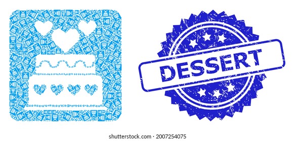 Dessert dirty seal print and vector recursion collage marriage cake. Blue seal includes Dessert caption inside rosette. Vector collage is created with random rotated marriage cake icons.