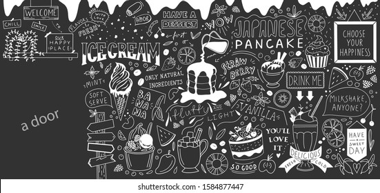 Dessert doodle background. Ice cream cafe wall decor. Vector huge illustration set.