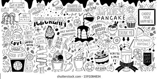 Dessert Doodle Background. Ice Cream Cafe Wall Decor. Vector Huge Illustration Set.