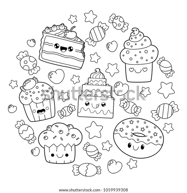 doodle de dessert belles caricatures en kawaii image vectorielle stock libre droits 1059939308 coloriage chat