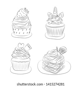Dessert doodle outline set, hand drawing cupcake and dessert