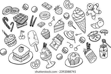 Dessert doodle set, hand drawn sweet food stroke icons