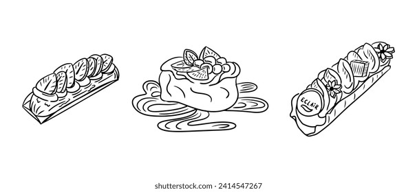 Dessert doodle set. Hand drawn isolated doodles. Sketchy black outline sweet food, eclairs and meringue with strawberry on white background. Ideal for coloring pages, tattoo, pattern