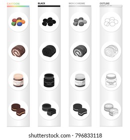 Dessert dragee, chocolate roll, chocolate pasta, puff pastry. Dessert set collection icons in cartoon black monochrome outline style vector symbol stock illustration web.