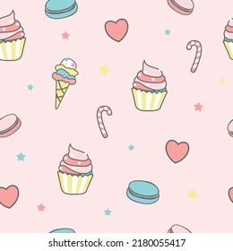 Dessert drawings like macarons, ice cream seamless repeating pattern texture background design for fashion graphics, textile fabrics, prints, wallpapers etc