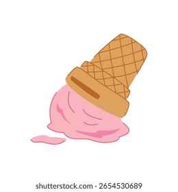 Caricatura del helado caído del postre. verano pegajoso, chocolate de la vainilla, muestra del helado caído del postre de la golosina de la fresa. símbolo aislado Ilustración vectorial