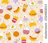 Dessert and fast food seamless pattern cute smile. Hand-drawn nursery cartoon doodle kawaii character. Childish vector illustration in simple naive style. Unisex for fabrics, textiles, baby clothes