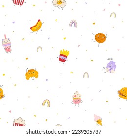 Dessert and fast food seamless pattern cute smile. Hand drawn nursery cartoon doodle kawaii character. Childish vector illustration in simple naive style. Perfect for fabrics, textiles, baby clothes