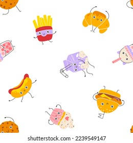 Dessert and fast food seamless pattern cute smile. Hand drawn nursery cartoon doodle kawaii character. Childish vector illustration in simple naive style. Perfect for fabrics, textiles, baby clothes