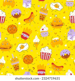 Dessert and fast food seamless pattern cute smile. Hand-drawn nursery cartoon doodle kawaii character. Childish vector illustration in simple naive style. Unisex for fabrics, textiles, baby clothes