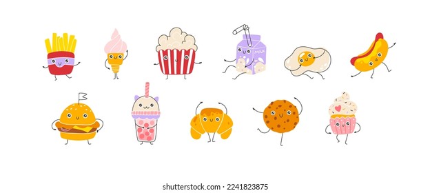 Dessert and fast food set. Cute smiles characters. Hand drawn nursery cartoon doodle kawaii. Childish vector illustration in simple naive style. Vector isolate on white background