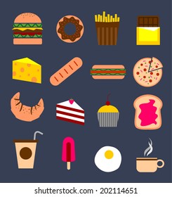 Dessert flat icons on dark background, stock vector