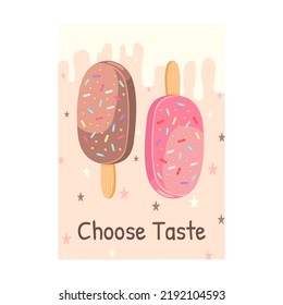 Dessert flyer. Ice cream horns, macaroons vector illustrations with text. Sweet food concept for confectionery posters and leaflets design