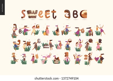 Dessert font ABC- modern flat vector concept digital illustration of temptation font, sweet lettering and girls. Caramel, toffee, biscuit, waffle, cookie, cream and chocolate letters