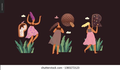 Dessert font ABC- modern flat vector concept digital illustration of temptation font, sweet lettering and girls. Caramel, toffee, biscuit, waffle, cookie, cream and chocolate letters