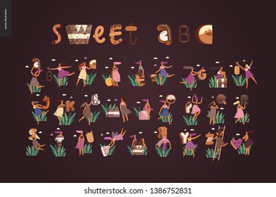 Dessert font ABC- modern flat vector concept digital illustration of temptation font, sweet lettering and girls. Caramel, toffee, biscuit, waffle, cookie, cream and chocolate letters