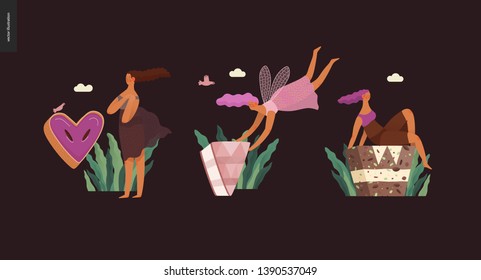 Dessert font ABC- modern flat vector concept digital illustration of temptation font, sweet lettering and girls. Caramel, toffee, biscuit, waffle, cookie, cream and chocolate letters