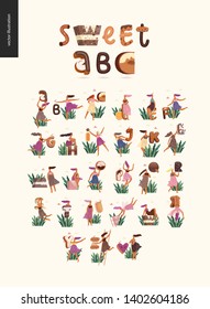 Dessert font ABC- modern flat vector concept digital illustration of temptation font, sweet lettering and girls. Caramel, toffee, biscuit, waffle, cookie, cream and chocolate letters