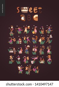 Fonte de sobremesa ABC- conceito vetor plano moderno ilustração digital de fonte de tentação, letras doces e meninas. Caramelo, toffee, biscoito, waffle, biscoito, creme e letras de chocolate