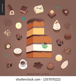 Dessert font - letter B - modern flat vector concept digital illustration of temptation font, sweet lettering. Caramel, toffee, biscuit, waffle, cookie, cream and chocolate letters