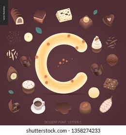 Dessert font - letter C - modern flat vector concept digital illustration of temptation font, sweet lettering. Caramel, toffee, biscuit, waffle, cookie, cream and chocolate letters