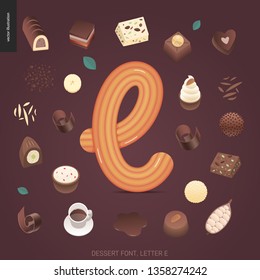 Fuente de postre - letra E - moderno concepto vectorial plano ilustración digital de tipografía de tentación, letras dulces. Caramelo, toffet, galleta, gofre, galleta, crema y letras de chocolate