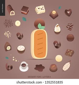 Dessert font - letter I - modern flat vector concept digital illustration of temptation font, sweet lettering. Caramel, toffee, biscuit, waffle, cookie, cream and chocolate letters