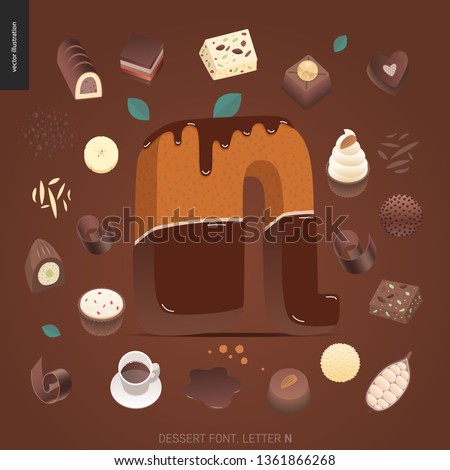Dessert font - letter N - modern flat vector concept digital illustration of temptation font, sweet lettering. Caramel, toffee, biscuit, waffle, cookie, cream and chocolate letters Foto stock © 