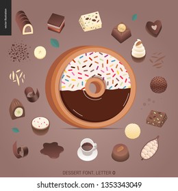 Dessert font - letter O - modern flat vector concept digital illustration of temptation font, sweet lettering. Caramel, toffee, biscuit, waffle, cookie, cream and chocolate letters