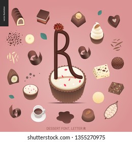 Dessert font - letter R - modern flat vector concept digital illustration of temptation font, sweet lettering. Caramel, toffee, biscuit, waffle, cookie, cream and chocolate letters