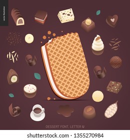 Dessert font - letter U - modern flat vector concept digital illustration of temptation font, sweet lettering. Caramel, toffee, biscuit, waffle, cookie, cream and chocolate letters