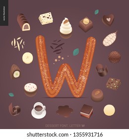 Dessert font - letter W - modern flat vector concept digital illustration of temptation font, sweet lettering. Caramel, toffee, biscuit, waffle, cookie, cream and chocolate letters