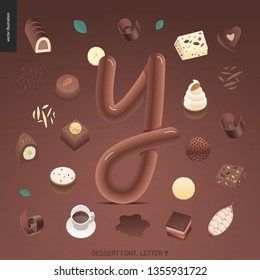 Dessert font - letter Y - modern flat vector concept digital illustration of temptation font, sweet lettering. Caramel, toffee, biscuit, waffle, cookie, cream and chocolate letters