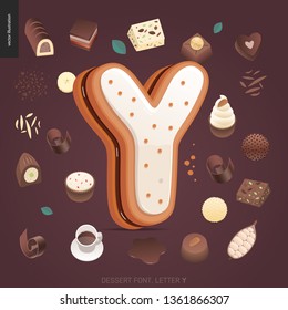 Dessert font - letter Y - modern flat vector concept digital illustration of temptation font, sweet lettering. Caramel, toffee, biscuit, waffle, cookie, cream and chocolate letters