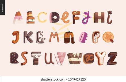 Dessert Font - Modern Flat Vector Concept Digital Illustration Of Temptation Font, Sweet Lettering. Caramel, Toffee, Biscuit, Waffle, Cookie, Cream And Chocolate Letters