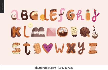 Dessert Font - Modern Flat Vector Concept Digital Illustration Of Temptation Font, Sweet Lettering. Caramel, Toffee, Biscuit, Waffle, Cookie, Cream And Chocolate Letters