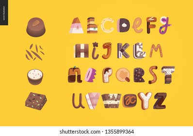Dessert font - modern flat vector concept digital illustration of temptation font, sweet lettering. Caramel, toffee, biscuit, waffle, cookie, cream and chocolate letters