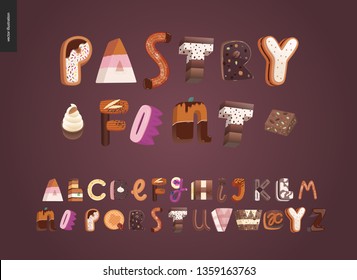 Dessert font - modern flat vector concept digital illustration of temptation font, sweet lettering. Caramel, toffee, biscuit, waffle, cookie, cream and chocolate letters