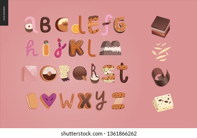 Dessert font - modern flat vector concept digital illustration of temptation font, sweet lettering. Caramel, toffee, biscuit, waffle, cookie, cream and chocolate letters