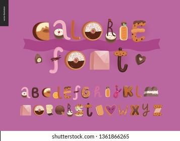 Dessert font - modern flat vector concept digital illustration of temptation font, sweet lettering. Caramel, toffee, biscuit, waffle, cookie, cream and chocolate letters