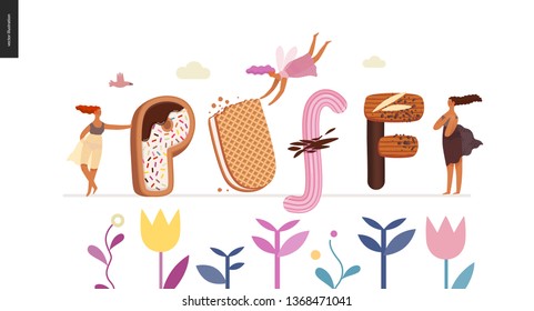 Dessert font - modern flat vector concept digital illustration of temptation font, sweet lettering and girls. Caramel, toffee, biscuit, waffle, cookie, cream and chocolate letters. Lettering Puff