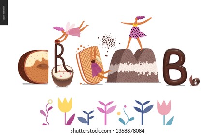 Dessert font - modern flat vector concept digital illustration of temptation font, sweet lettering and girls. Caramel, toffee, biscuit, waffle, cookie, cream and chocolate letters. Lettering Crumb