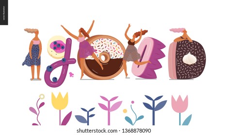 Dessert font - modern flat vector concept digital illustration of temptation font, sweet lettering and girls. Caramel, toffee, biscuit, waffle, cookie, cream and chocolate letters. Lettering Good