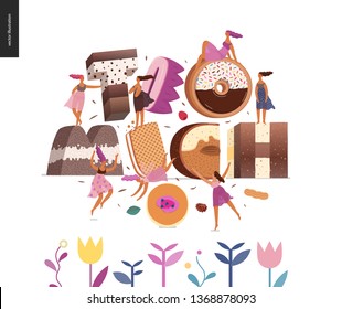 Dessert font - modern flat vector concept digital illustration of temptation font, sweet lettering and girls. Caramel, toffee, biscuit, waffle, cookie, cream and chocolate letters. Lettering Too much