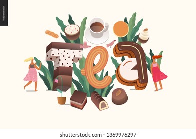 Dessert font - modern flat vector concept digital illustration of temptation font, sweet lettering and girls. Caramel, toffee, biscuit, waffle, cookie, cream and chocolate letters. Lettering Tea