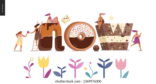 Dessert font - modern flat vector concept digital illustration of temptation font, sweet lettering and girls. Caramel, toffee, biscuit, waffle, cookie, cream and chocolate letters. Lettering Now