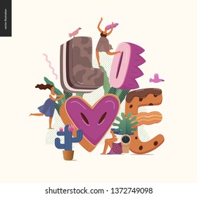 Dessert font - modern flat vector concept digital illustration of temptation font, sweet lettering and girls. Caramel, toffee, biscuit, waffle, cookie, cream and chocolate letters. Lettering Love