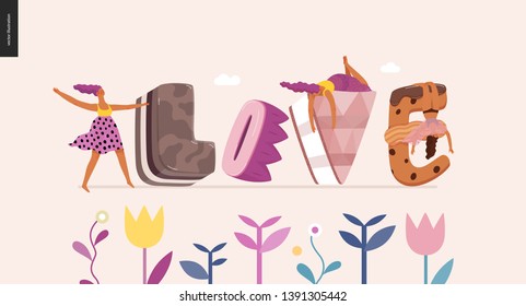 Dessert font - modern flat vector concept digital illustration of temptation font, sweet lettering and girls. Caramel, toffee, biscuit, waffle, cookie, cream and chocolate letters. Lettering Love